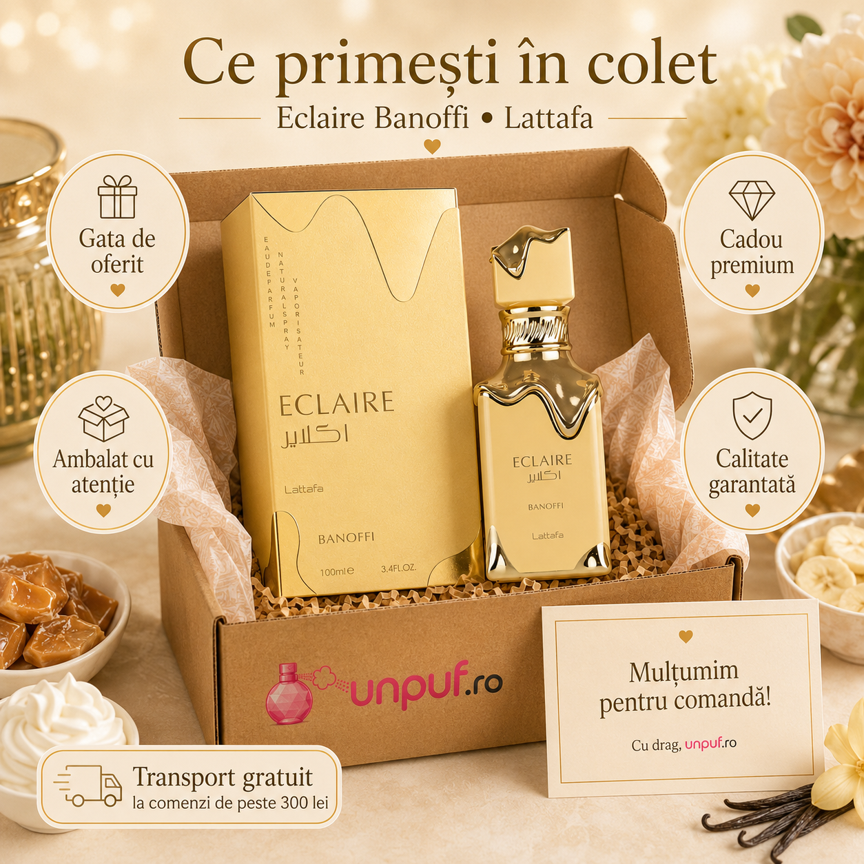 Lattafa Eclaire Banoffi parfum arabesc unisex pentru damă și bărbat, aromă dulce care se simte și se face remarcată